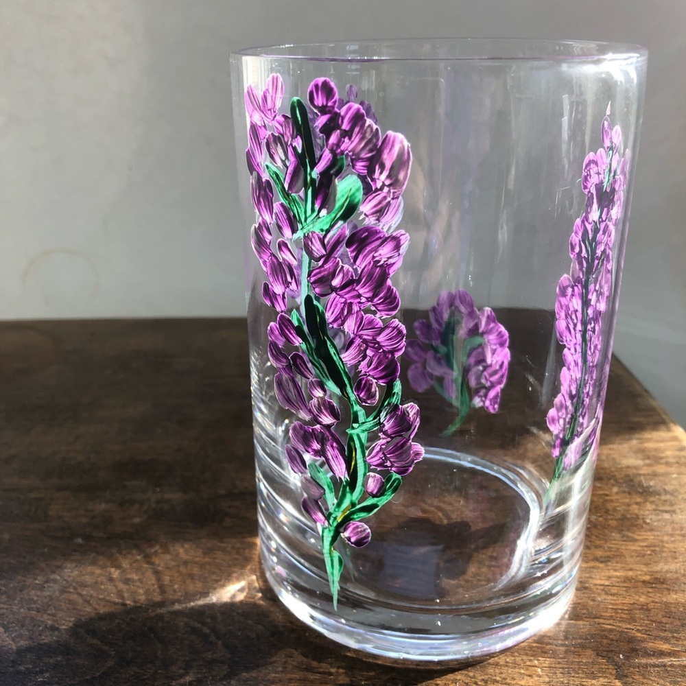 Floral Glass Tumbler with Purple Design